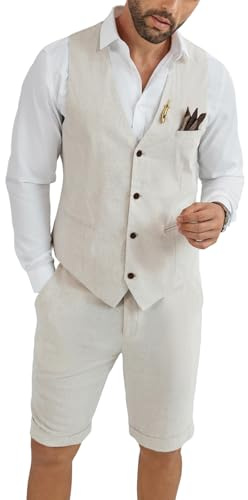 HUEZOE Mens Linen Suit 2 Piece Short Suits for Men Casual Summer Beach Groom Wedding Suit Linen Vest Shorts Set, Beige, M