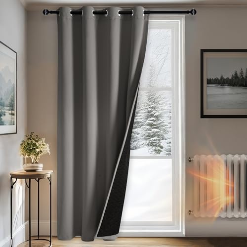 DWCN 100% Blickdicht Thermovorhang Gegen Kälte und Hitze H225 x B132cm Grau | 1 Stück, Doppellagige Tür Vorhang mit Ösen Dicker Thermo Kälteschutzvorhang Wohnzimmer Schlafzimmer Winter