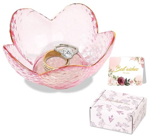 Pink Flower Jewelry Dish Glass Ring Dish Jewelry Tray Cute Vanity Organiser Room Decor Aesthetic Nightstand Bathroom Decor Trinket Dish Ring Holder Dish Jewellery Tray Valentine's Gifts for Women