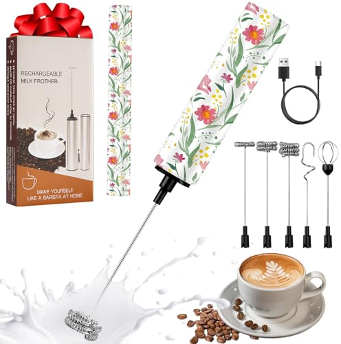 Milchschäumer Elektrisch USB-C mit 5 Wechselbaren Edelstahl-Schneebesen–2 Einstellbare Geschwindigkeiten (11.000/13.000 U/min), Wasserdichter Aufschäumer für Kaffee, Latte, Cappuccino, Matcha(Bunt 16)
