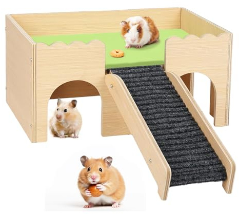 Casa Hamster, 38 x 23,7 x 18 cm Jaula de Madera para Cobayas Castillo para Conejillo de Indias Extraíble con 3 Cuevas y Escaleras para Cobayas Hámsteres Chinchillas Conejos Enanos y Hurones