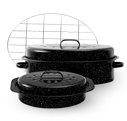 Enamel Roasting Pan With Lid and Rack 13 18Granite Roaster Pans Set With Rack Suitable Cooking Poultry Baking Turkey Bread Beef High Temperature Resistance,Dishwasher Safe,Holiday Gifts CookWare