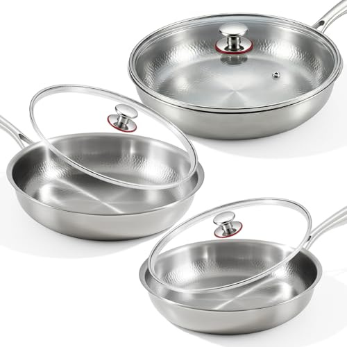 LemonRoad 3 Pcs Includes 10.23, 11.02, 11.81 Titanium Pan Set for Cooking, Hammered Pan Pro with Lid for Cooking Durable Scratch Resistant, Safe for Oven Induction