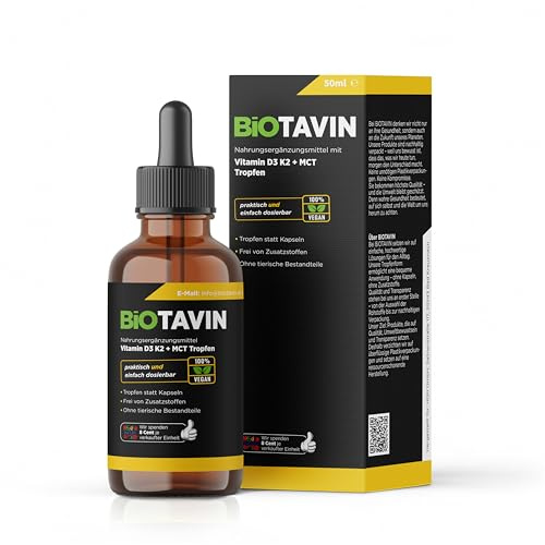 BiOTAVIN Vitamina D3K2 Gocce con olio MCT 50 ml (1 x 50 ml) | dose elevata 1000 UI per porzione giornaliera – Facile da dosare con pipetta – Per cuore, circolazione, ossa, sistema immunitario e