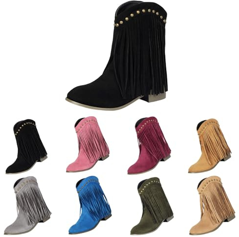 Cowboy Boots with Tassels for Women, Western Retro Suede Casual Comfort Fashion Fringe Cowgirl Cowboy Boots for Pointed Toe Pull on Low Chunky Heel Mid Calf Shoes Size 7 Black