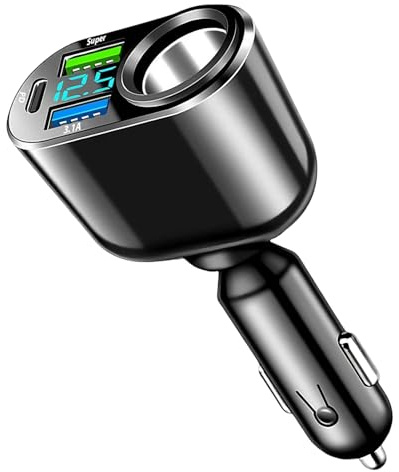 4 en 1 Cargador de Coche USB con Mechero 111W, 90W Divisor de Encendedor de Cigarrillos, 66 W Fast Charging Type C PD 30 W, con Voltímetro LED (Negro)