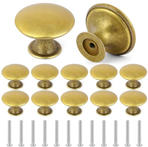 OSDUE Tiradores Armarios, 12 Piezas Perillas Pomos Vintage, 30mm Pomos Armario de Muebles Redondos con 26mm Tornillos Perilla de Cajón de Hongo para Gabinete Cajones Cocina Vestidores Baño (Latón)