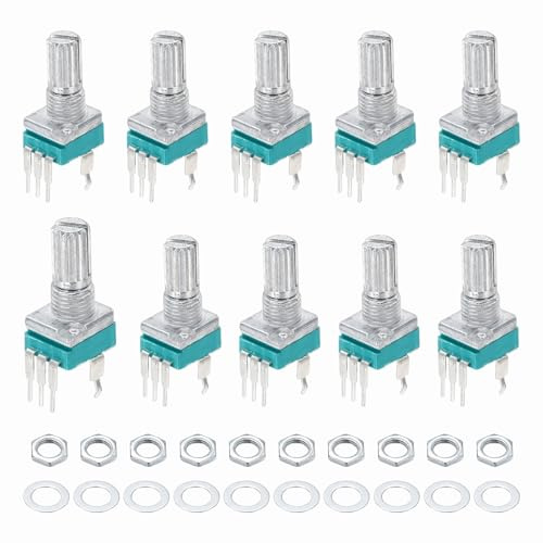 sourcing map 10pcs RK097N B50K Potentiometer, 3Pin Single Linear Rotary Seal Amplifier Logarithmic Potentiometers 15mm Knurled Shaft Vertical for Audio Amplifier