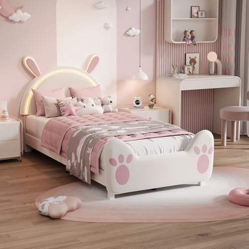 Générique Lit pour Enfant Rembourré 90x200 cm, Lit Simple pour Fille avec LED,Cadre de Lit avec Oreilles de Lapin,Tête de lit Réglable,Sommier à Lattes,pour Filles,Garçons,Velours,Blanc + Rose