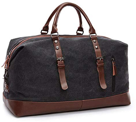 TILEMALL Oversized Canvas Holdall Travel Carry On Duffel Bags Plus Handbag Shoulder Bag Crossbody Overnight Weekend Bag Unisex Travel Holdall Handbag with PU Leather Handle (Black)