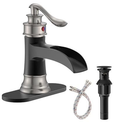 Homevacious Bathroom Sink Faucet Waterfall Single Handle Matte Black and Brushed Nickel Lavatory Vanity Basin Mixer Tap One Hole Lever Deck Mount Commercial Supply Line