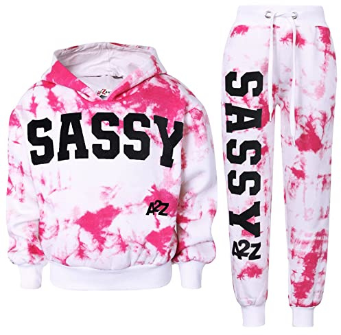 A2Z 4 Kids Girls Tracksuit Tie Dye Sassy Fleece Hooded Crop Top - T.S Crop Sassy Pink 13