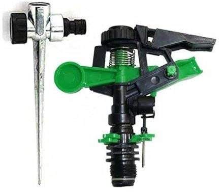 SUINGA. PACK de 4 arroseurs agricoles ANGLE AJUSTABLE. Portée de 6 à 12 mètres. Filetage mâle 1/2. Débit de 430 à 1165 l/h. Comprend 4 PIQUETS MÉTALLIQUES.