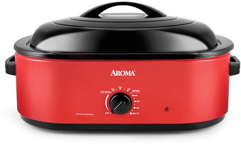AROMA 18Qt. Roaster Oven with Self-Basting Lid, Fits 22-lb. Turkey, Adjustable Temperature Settings, Keep Warm Setting, Red (ART-718R)