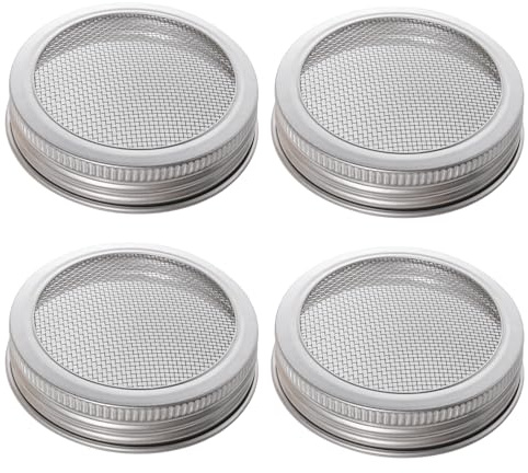 4 Pack Mesh Strainer Jar Stainless Steel Sprouting Jars Mason Regular Mouth Canning Lids for Growing Bean, Seeds and Salad(70MM)