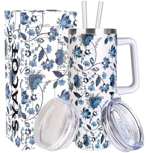 SYACOT 40 oz Tumbler with Handle and Straw Stainless Steel Insulated Tumbler Leak Proof Lid and Straw Lid Reusable Travel Mug Coffee Mug Cup Dishwasher Safe Keep Drinks Cold and Hot (Ceramics)