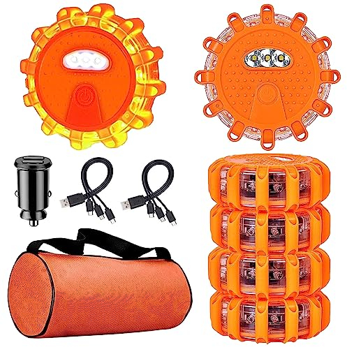Aisny 6 Piezas Luz Emergencia Coche, Luces de Emergencia LEDs a Prueba de Agua con Cargador de Automóvil Cable USB 3-en-1 y Bolsa de Luz de Advertencia para Vehiculos Coches Camiones