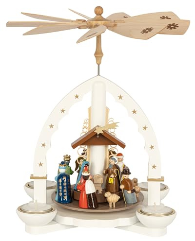 Richard Glaesser Pyramid Holy Three Kings White for Tea Light and Candles from Seiffen in the Ore Mountains
