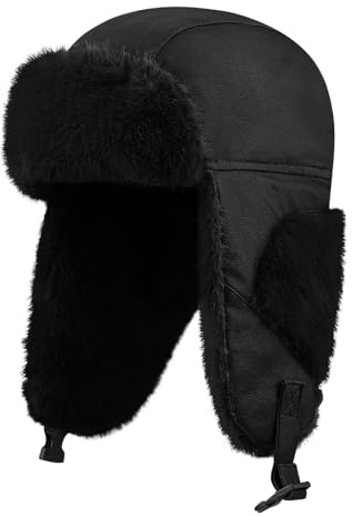 Clakllie Vintervarm fuskpälsmössa, pälsmössa med öronvärmare, unisex, pilotmössa, öronskydd, trappermössa, pilotmössa, bombermössa, Uschanka, rysk mössa, vintermössa med öronlappar, DPL11-svart, En