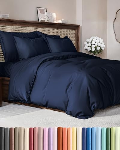 Duvet Cover Queen Size Set - Extra Soft Queen Duvet Cover 90 x 90 with 2 Pillow Shams - Hotel Luxury, Easy Care & Fade Free w/ Zipper Closures & Ties - All Season, Comfy and Breathable (Navy Blue)