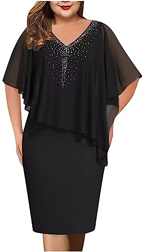 Elegant Dress for Women UK Clearance Plus Size Sequin Chiffon Dresses Party Evening Clubwear Midi Dress Elegant Sexy Casual Dress Cocktail Lace Half Sleeve Summer Dresses Wedding Guest Outfit