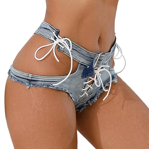 AIEOE Hot Pant Pantaloncini di Jeans da Donna con Coulisse Sexy Molto Corti Donna Estivi Mini Stretto Vita Bassa Hotpants Taglia XL Blu E