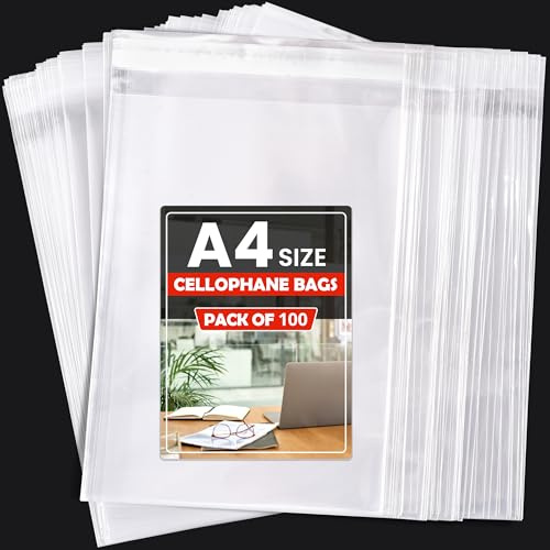 Bolsas de celofán transparentes autoadhesivas A4 (paquete de 100 unidades) – Bolsas de regalo de OPP transparentes autoadhesivas para tarjetas, dulces, golosinas y embalaje – Bolsa de celofán