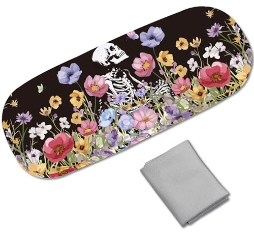 CREATCABIN Funda para gafas de sol de piel con diseño de calavera y flores, funda protectora portátil delgada con paño de limpieza para mujeres y hombres, 6.4 x 2.5 x 1.5 pulgadas