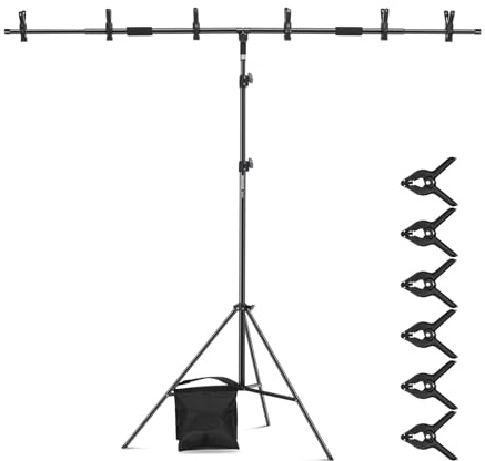 Neewer 2,1 x 2,7 m T-format bakgrundsstativ, ingen montering, integrerad T-bakgrundshållarstativ med 6 fjäderklämmor, sandväska, bärväska, justerbart stativstativ för studio, fotografi, NK005