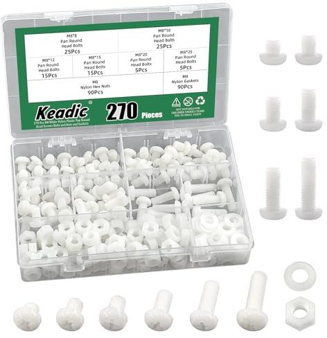 Keadic 270Pcs M8 White Nylon Plastic Pan Round Head Screws, Nylon Plastic Pan Round Head Screws Bolts and Nuts Nylon Pan Head Machine Screws Nut Washer Kit Nylon Pan Head Machine Screws for Fastening