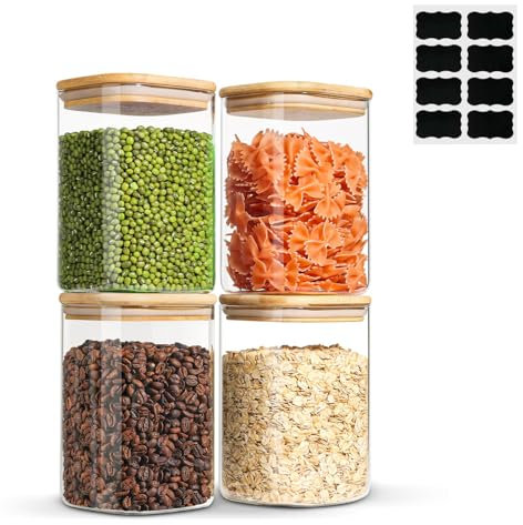 Glass Food Storage Jars 1100ml, Glass storage containers with lids Clear Food Storage Container Jar with Sealing Lid for Noodles Flour Cereal Rice Sugar Tea Coffee Beans, Set of 4 (Square)