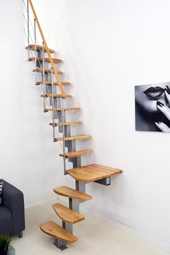 Austrian Indoor Space-Saving L-Shape Winder Staircase, Steel Central Stringer, Beech Wood Lacquered or Walnut Stained Alternate Steps Handrail,13-Step kit Pls Get a Shipping Quote from us Before Order