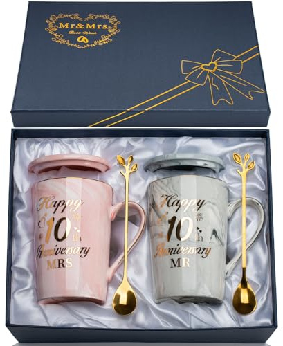 YIKILYLIFE Regalo 10 Anni Matrimonio Regali Tazza in Marmo Ceramica 400ml, Idee Regalo 10 Anni Matrimonio per Amanti, Bomboniere 10-Anni Matrimoni-o Mug con Biglietto, Confezione Regal-o