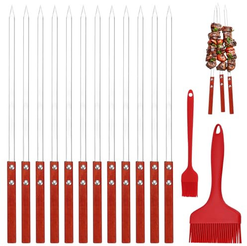 AROMUJOY 12 Pièces Barbecue Brochettes Réutilisable, 40cm Brochettes Kebab Inox, Brochettes Barbecue Plates avec Poignée en Bois Résistante à la Chaleur pour Camping, Fêtes, Pique-Niques