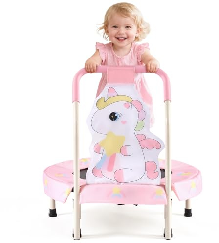 FUNLIO 27 Trampolín Mini Unicornio para Niños, con Barra de Seguridad, Juguete de Saltos Unicornio Hada Arcoíris, Plegable y Portátil para Diversión en Interior/Exterior, Certificado CPC ＆ CE