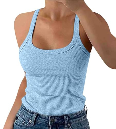 BFYSFBAIG Camisole Tops for Women Spaghetti Strap Scoop Neck Ribbed Tank Tops Slim Fitted Cotton Vest Tops for Layering Summer Outfits (C-Light Blue,M)