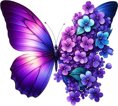 Violet Butterfly Flower Vinyl Decal Stickers, Cover Marks, [Qty:4] 1@ 20cm Tall Ideal for Toilets, Car, Wall or Laptop. 3@ 7cm Tall for Phone & Cups, Purple Floral Butterflies Graphics (Half Violet)