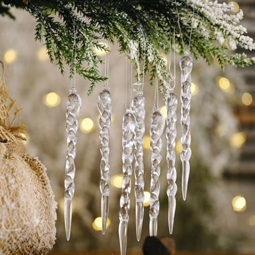 Juego de 24 adornos de carámbanos acrílicos transparentes para decoración de árbol de Navidad y decoración de vacaciones de invierno, bolas colgantes estilo copo de nieve para fiestas de temporada