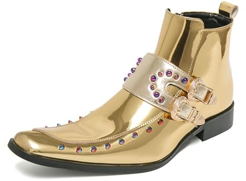 Stivaletti Chelsea da uomo, casual, alla caviglia, in vera pelle, con fibbia, punta quadrata, per feste, punk rock, matrimoni, Oro, 38 2/3 EU
