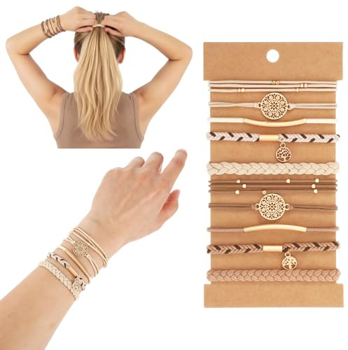 10PCS Hair Ties Bracelet for Women 5 Styles Soft Braided Boho Hair Bands Cute Stretch Bracelets Dual-Use Bracelet Hairties No Damage Elastics Ponytail Holders for Thick Thin Long Curly Hairs