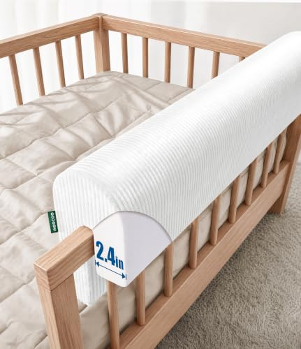 AEOCOO Bed Rail Bumper for Toddlers, Extra-Tall Padded Bumper Pad 30cm High, White 90cm – Fits Over Bunk, Loft, Floor & Bed Rails – Stops Head Bumps & Roll-Outs – No-Slip Ties, Washable Cover