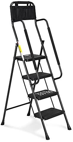 HBTower Step Ladder with Handrails, Folding Step Stool with Attachable Tool Bag & Anti-Slip Wide Pedal for Home Kitchen Pantry Office, Black