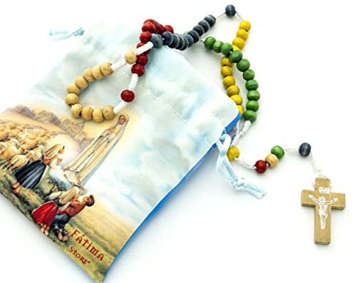 Rosario per la Prima Comunione in Legno Multicolore con Borsa Stampata e Croce in Legno di Fatima. Perfetto per Bambini o Bambine. Rosario religioso per la Comunione multicolore