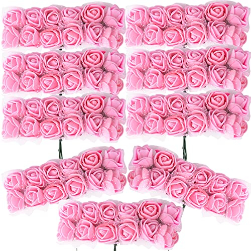 BETESSIN 144 STK. Künstliche Rosen Mini Schaumrosen mit Tüll Rosa Deko Blumen Schaum mit Stiel 2cm Kunstrosen Köpfe DIY Rosenköpfe Künstlich zum Basteln Party Hochzeit Brautstrauß Geschenk