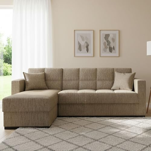Divano Letto con penisola Fernando, Divano ad Angolo Reversibile, Sofà Contenitore da Soggiorno con Chaise Longue e 2 Cuscini, 230x150h81 cm, Beige