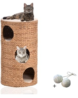 Rohrschneider Katzentonne 3 Etagen | Stabile Kratzbaum & Gemütliche Höhle | Katzenhöhle inklusive Kissen | Modernes Katzenmöbel | Spielzeug für Katzen