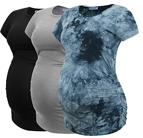 Smallshow Women's Maternity Shirt Side Ruched Tunic Pregnancy Top Clothes 3-Pack, Black/Light Grey/Svp136, M