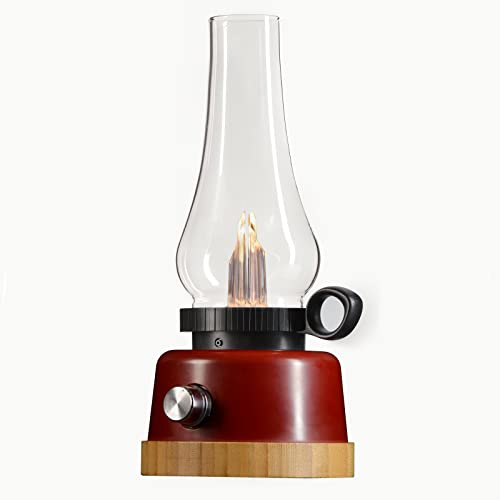 Oil lamp style Rechargeable LED Glass Tabletop Lantern, flame effect, Red Finish Base, Dimmable and Colour temperature changing 2200k to 6500k, 5000mAh power bank, for Tables camping hiking power cuts