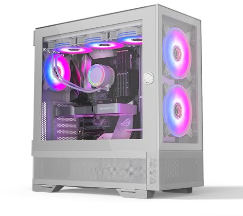 iONZ PC Gaming White Case Mid Tower ATX, E-ATX - KZ-V Light Aether Series Tempered Glass 0.8MM SPCC - Maximum Access to Components - Includes 2 x 140mm and 1 x 120mm ARGB Fans - 10 Port Fan Controller
