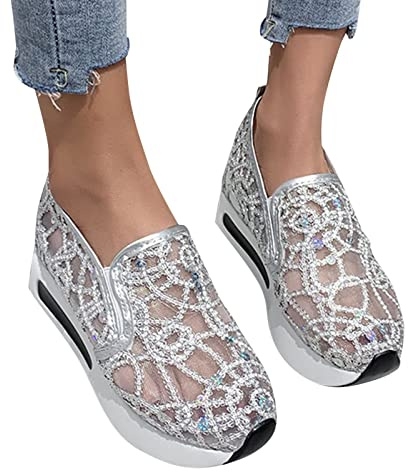 KBOPLEMQ Sneaker da donna con paillette, zeppa, traspiranti, in pizzo, scarpe da corsa estive, per attività all'aria aperta, con glitter, T Argento, 39 EU